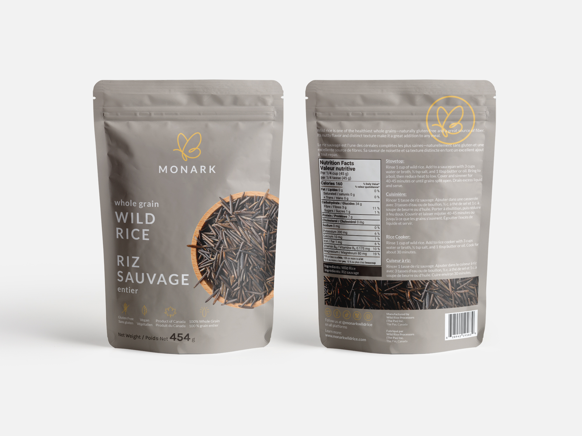 Monark Wild Rice – Whole Grain Packaging Front and back of a taupe Monark Wild Rice package showing the logo, product name in English and French, bowl of wild rice, nutritional facts, cooking instructions, and icons for gluten-free, vegan, Canadian product, and 100% whole grain.