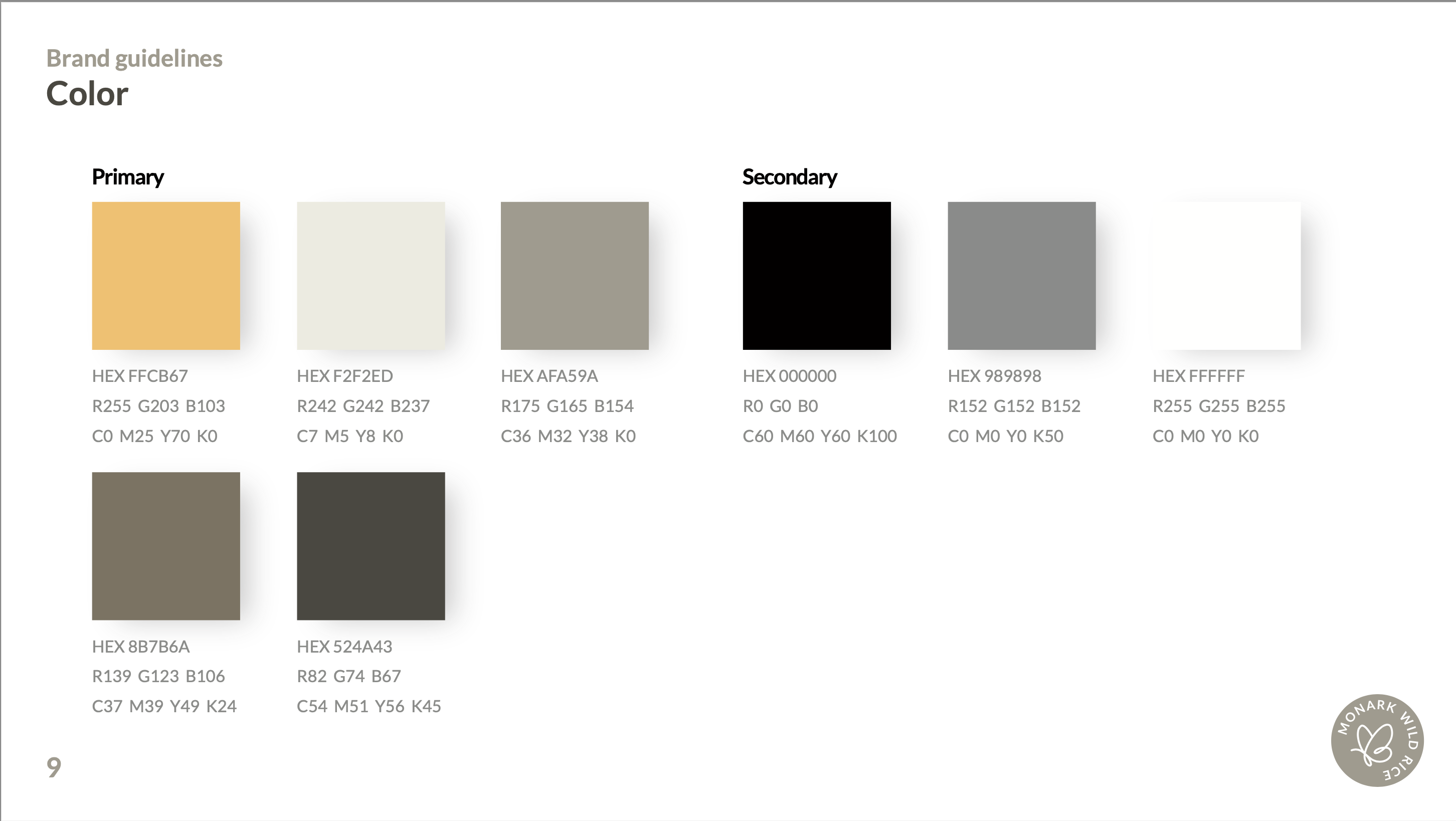 Monark Wild Rice – Brand Color Guidelines Brand color guideline page showing eight color swatches divided into Primary and Secondary categories, with corresponding HEX, RGB, and CMYK values. Includes a small Monark Wild Rice logo in the bottom corner.
