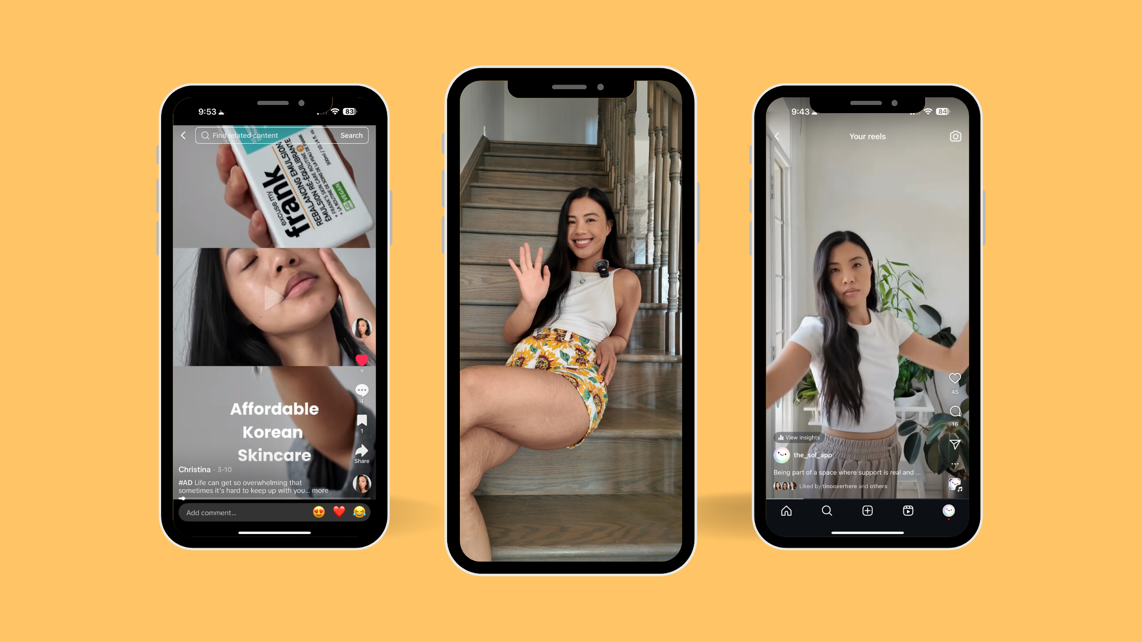 Creator Content in Action Three mobile screens showing a creator using skincare, waving on stairs, and dancing, all filmed vertically for social media.