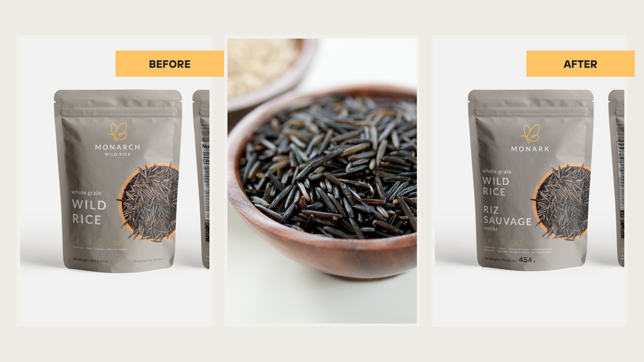 Monark Wild Rice Packaging: Before & After Redesign Before and after comparison of Monark Wild Rice packaging, highlighting label updates and visual improvements.