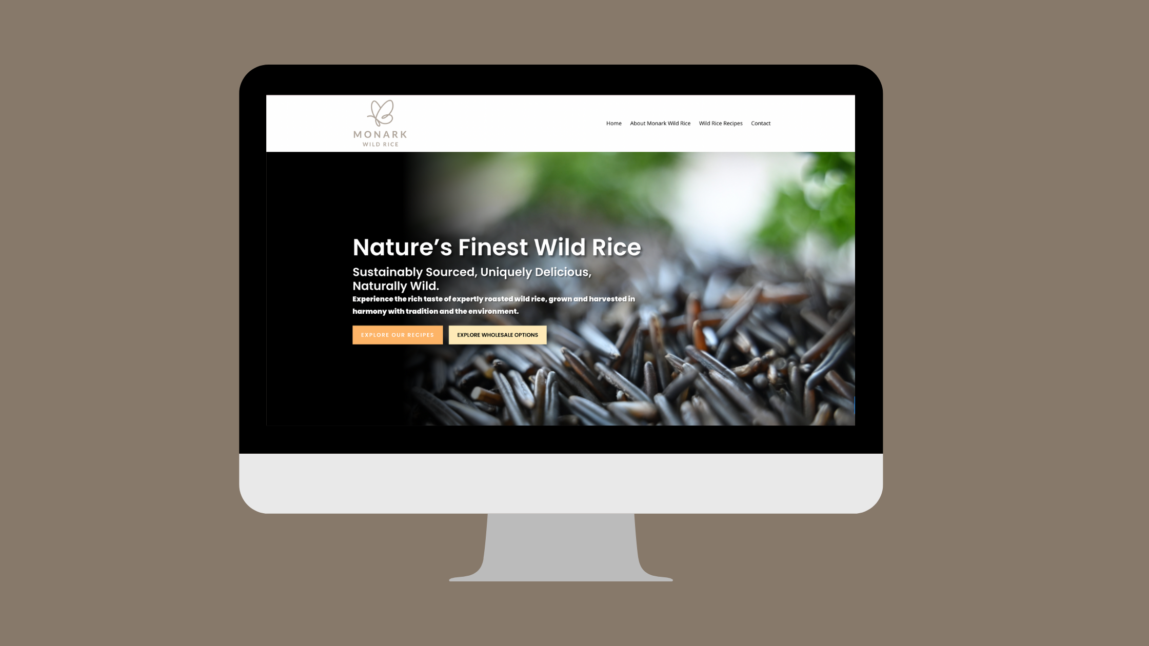Monark Wild Rice Website Redesign – From Placeholder to Powerhouse "Screenshot of the Monark Wild Rice website homepage, showcasing a clean, modern design with bold typography and a focus on Canadian-grown wild rice.