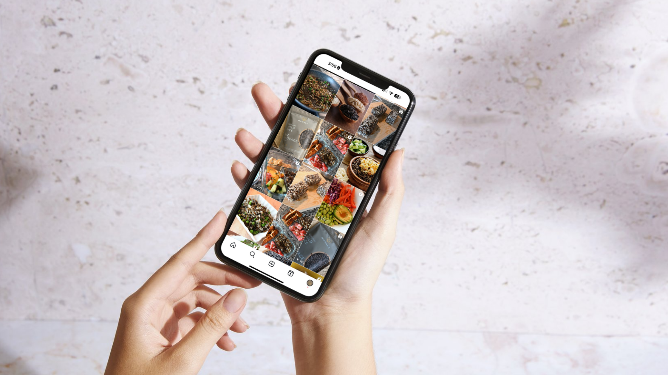 Instagram Feed Featuring Wild Rice Recipes Smartphone showing an Instagram profile grid filled with wild rice recipe photos and dishes.