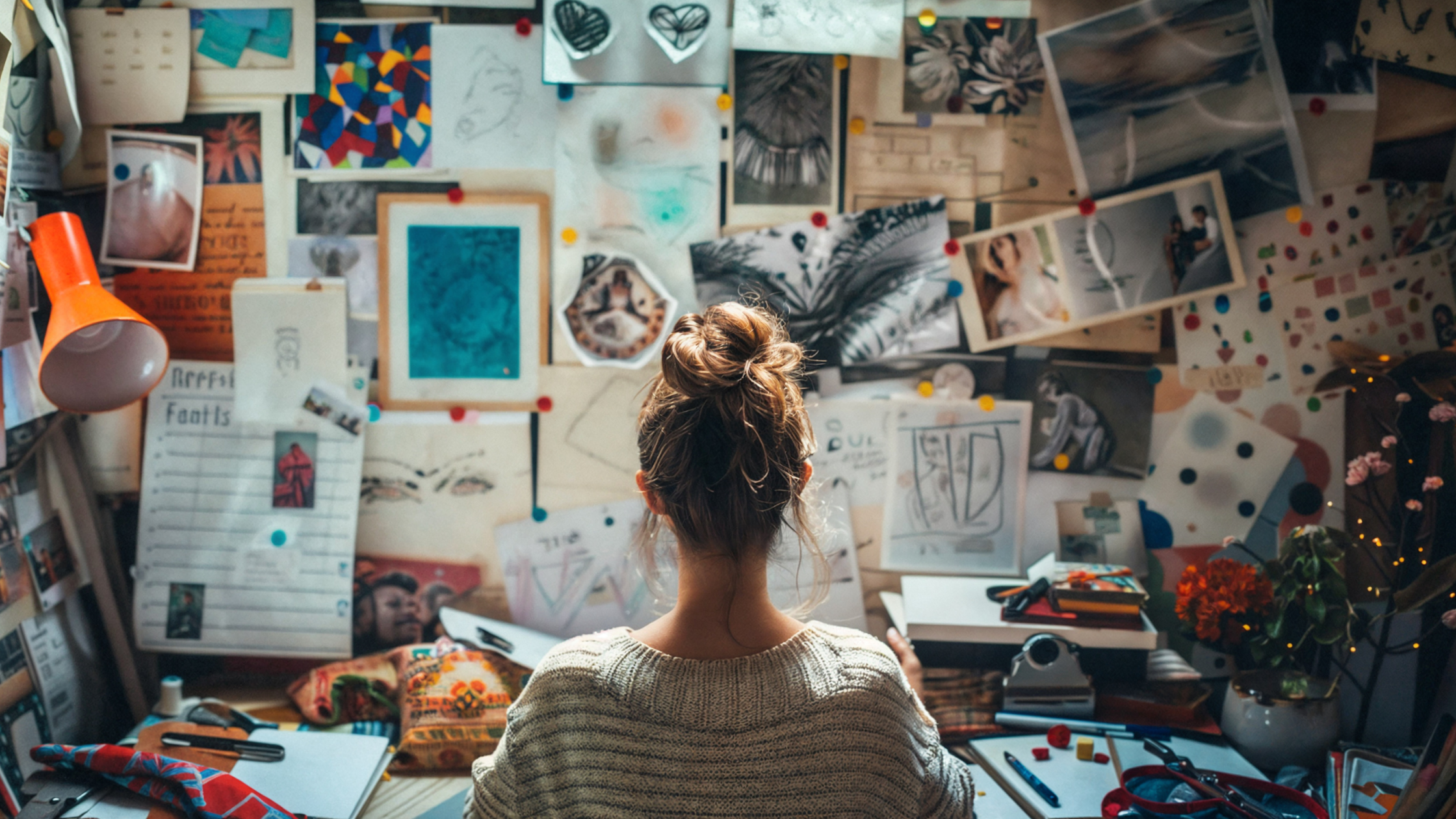 Female creator planning content ideas at a creative vision board workspace.