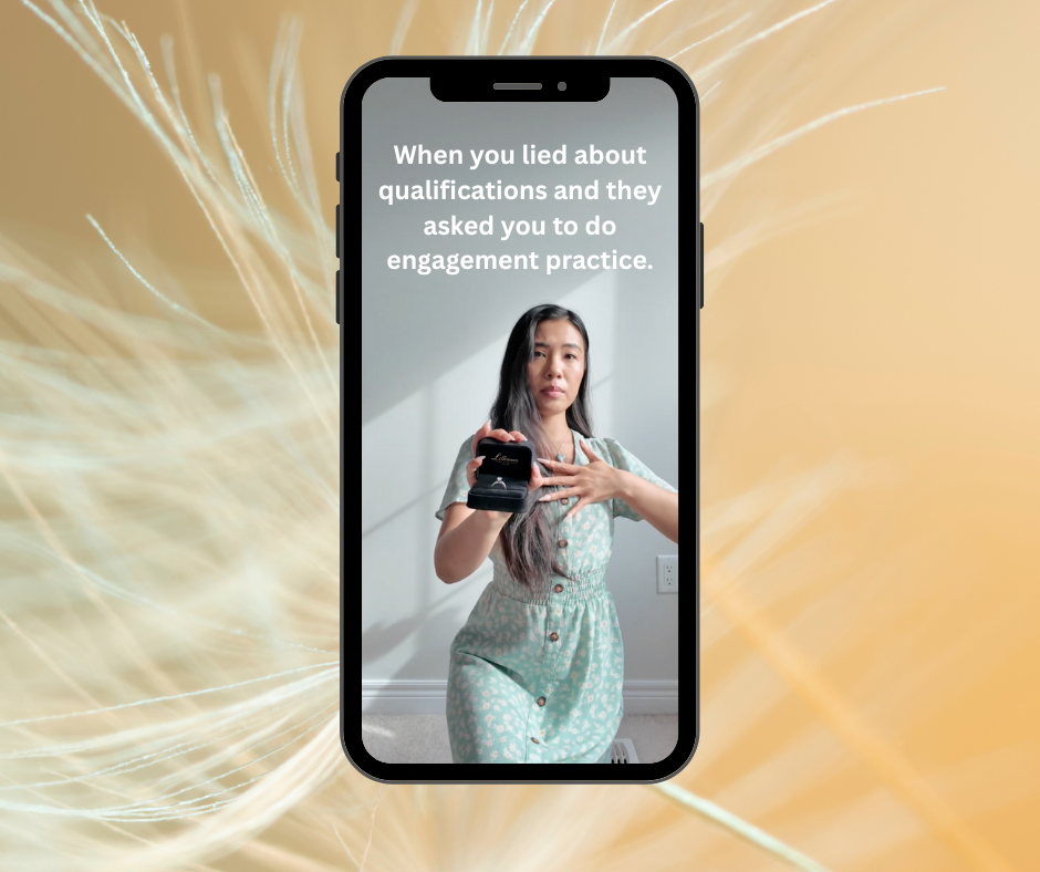 Woman in a mint green dress holding a ring box with a confused expression, overlaid text reads “When you lied about qualifications and they asked you to do engagement practice.