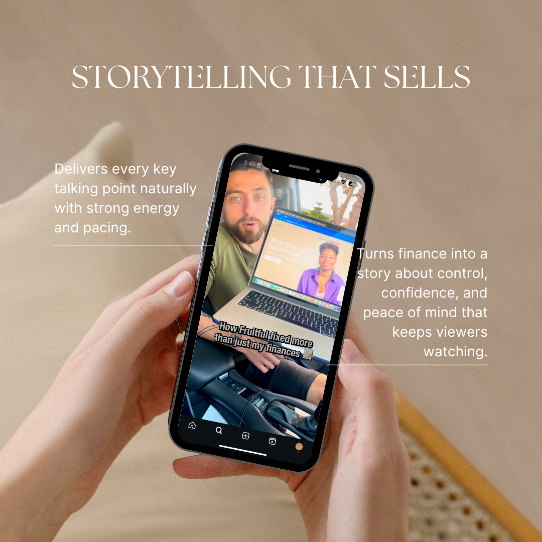 Nathan, Monarch’s new brand host, holds a laptop showing a financial website while speaking confidently to the camera, demonstrating strong storytelling and natural delivery in a short-form video.