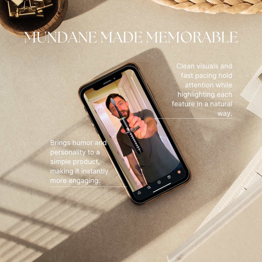 Nathan, Monarch’s brand host, holds up a black product in a well-lit room, adding humor and personality while explaining its features in a clean, engaging short-form video.