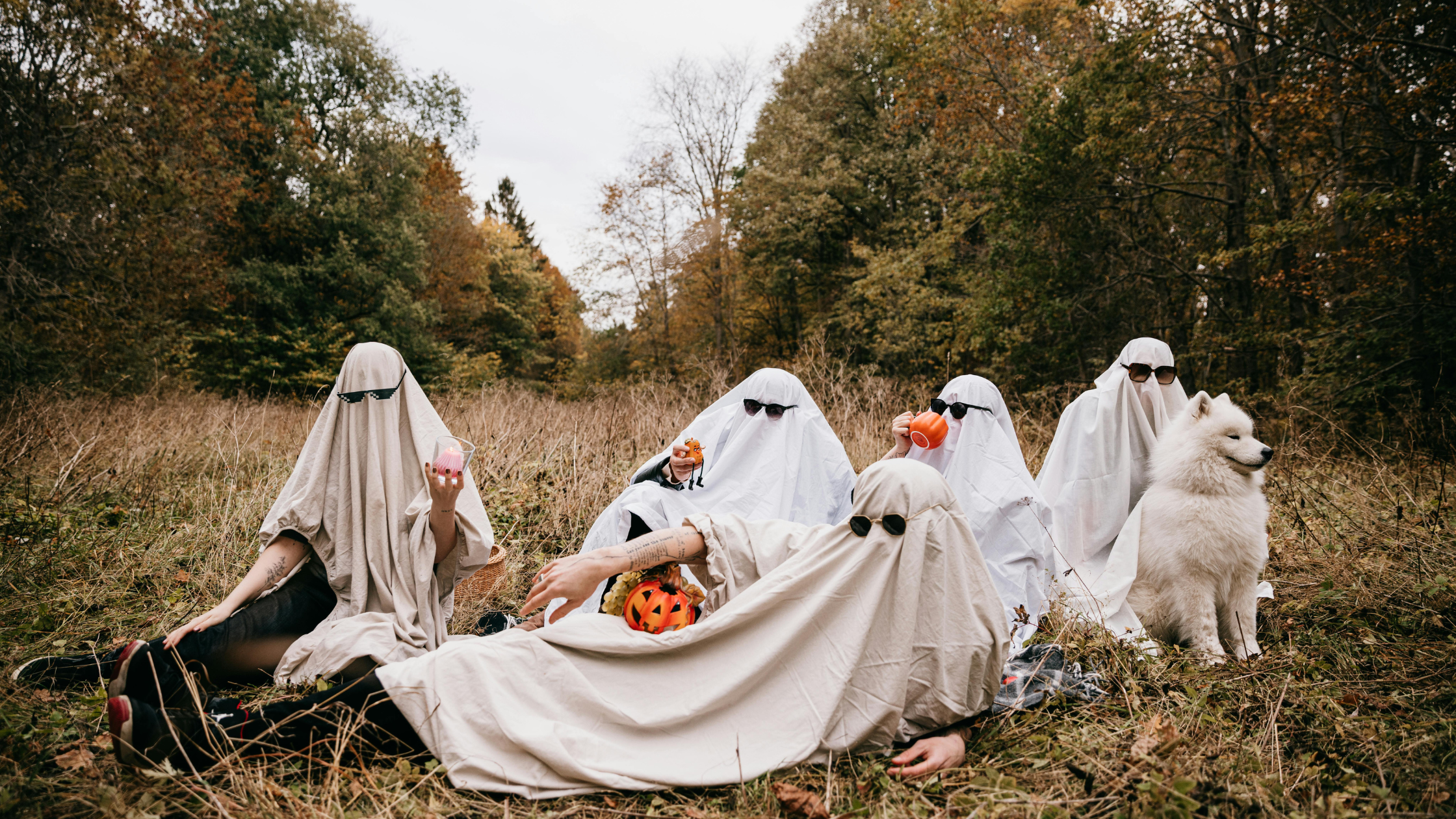 Social Media Ghosts Gathering Group of people dressed as ghosts with sunglasses sitting in a field beside a white dog.