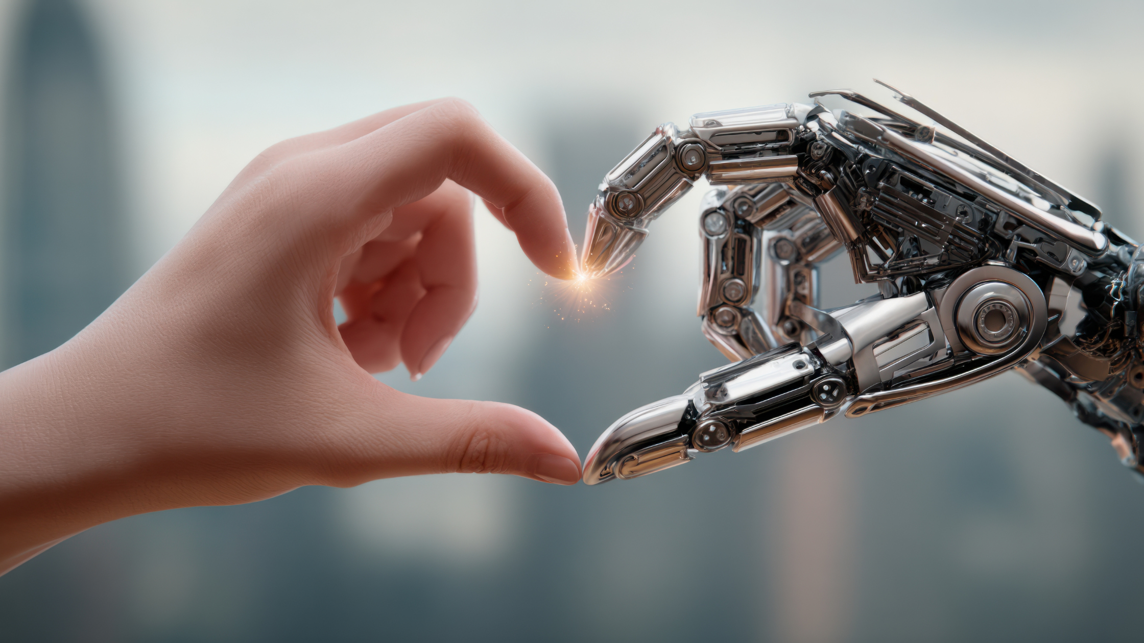 Human hand and robotic hand forming a heart shape, symbolizing the connection between people and AI in marketing.