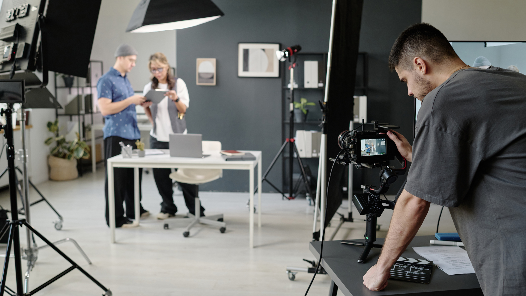 Social media marketing team filming professional video content in a studio