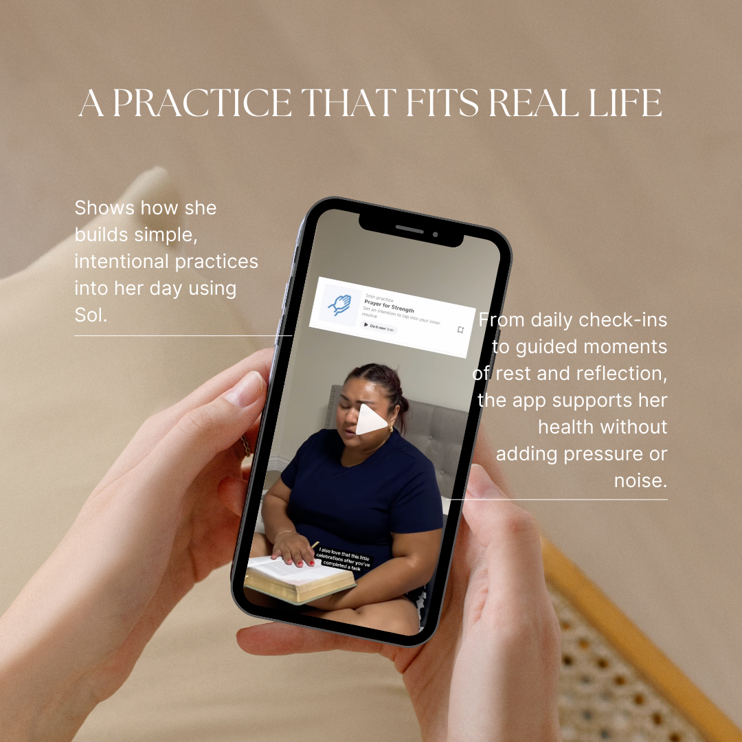 Woman using the Sol app on her phone for simple daily wellness and reflection practices