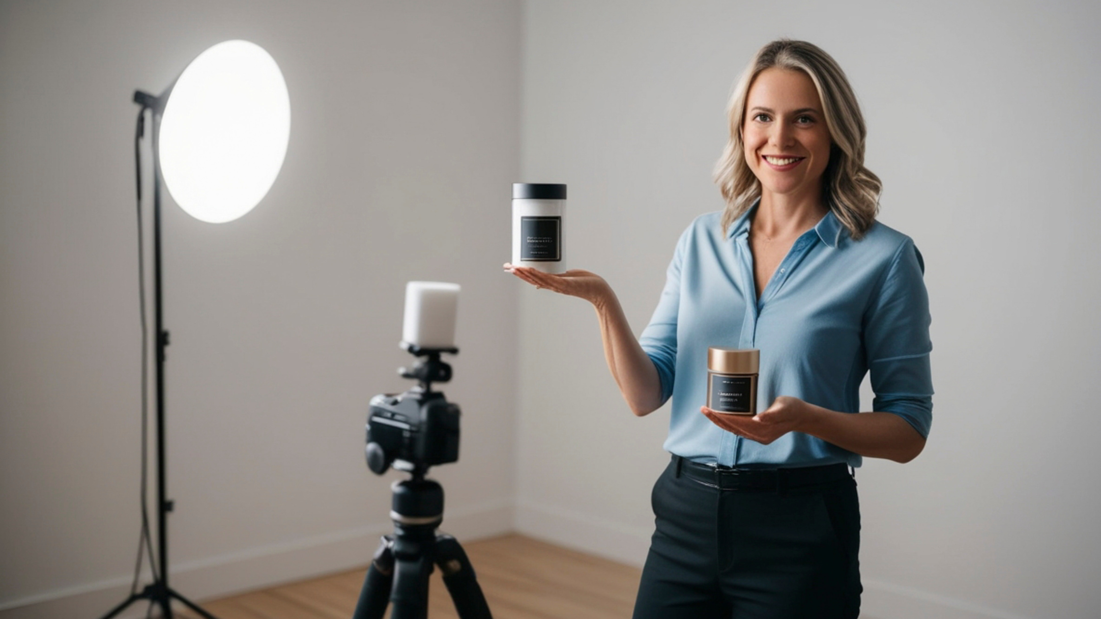Female content creator filming skincare product content for a product seeding campaign with professional camera and lighting setup.