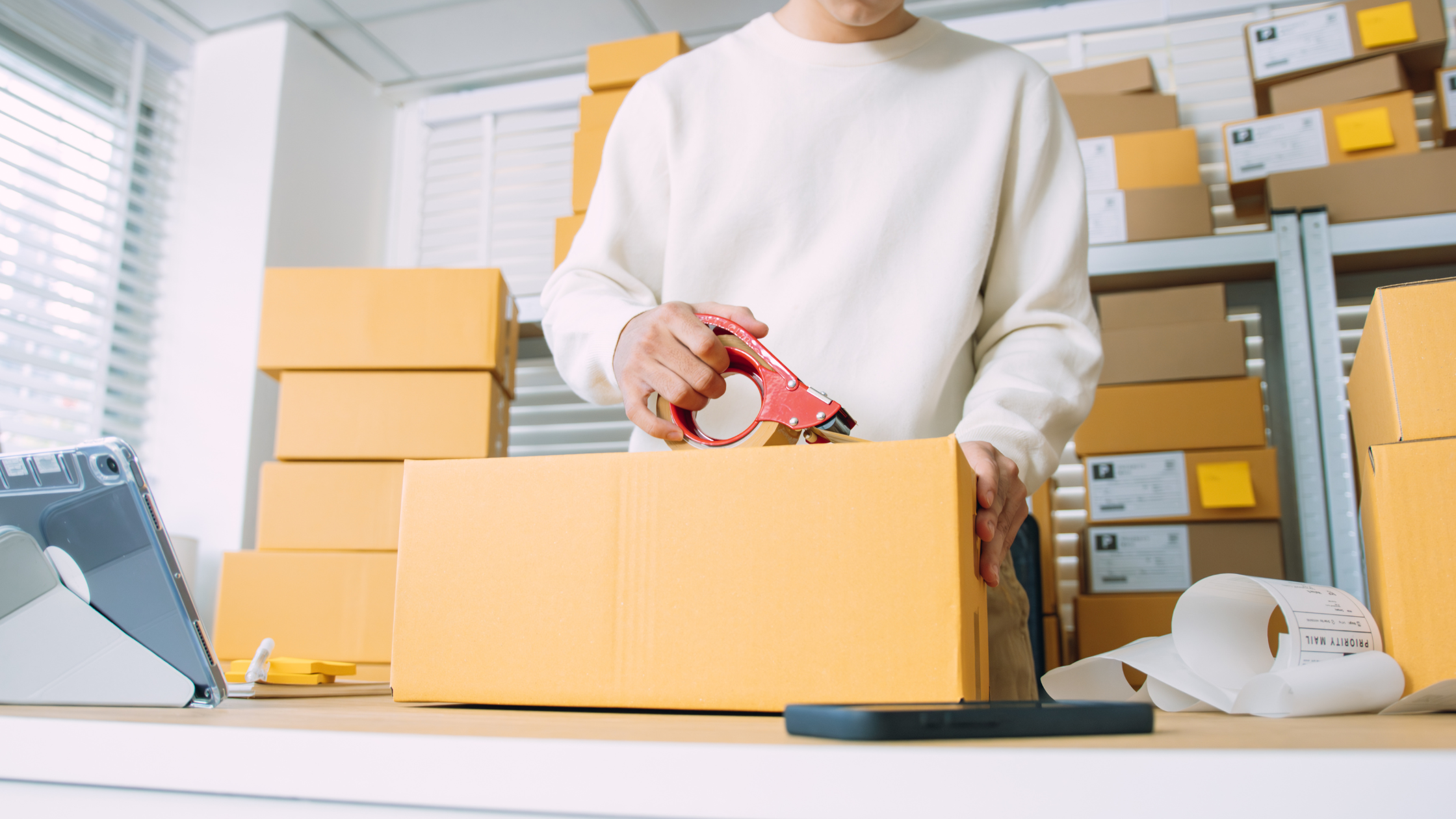 Person taping a cardboard box for a product seeding campaign shipment