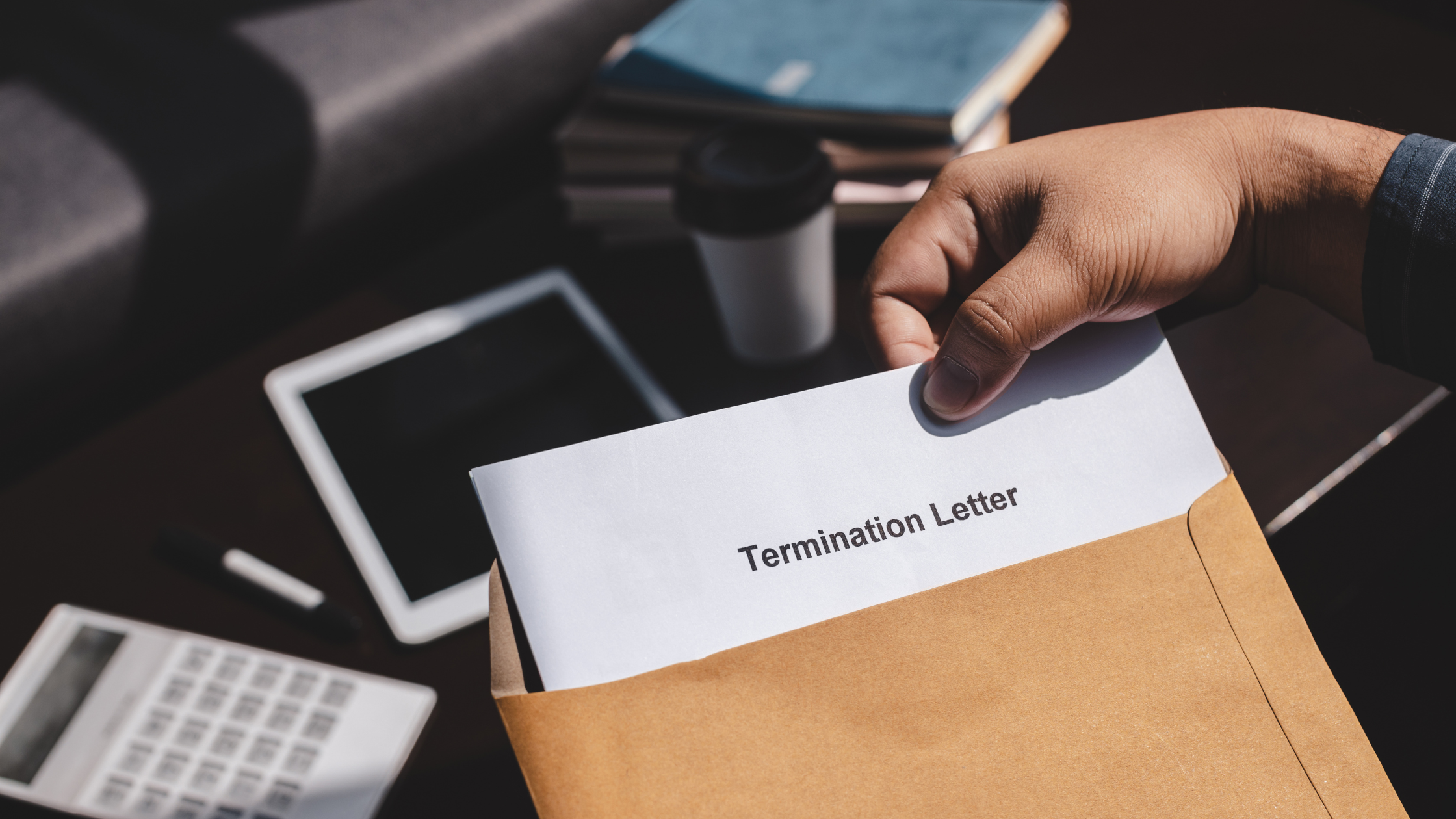 Hand placing a termination letter into an envelope on a desk with a tablet and calculator
