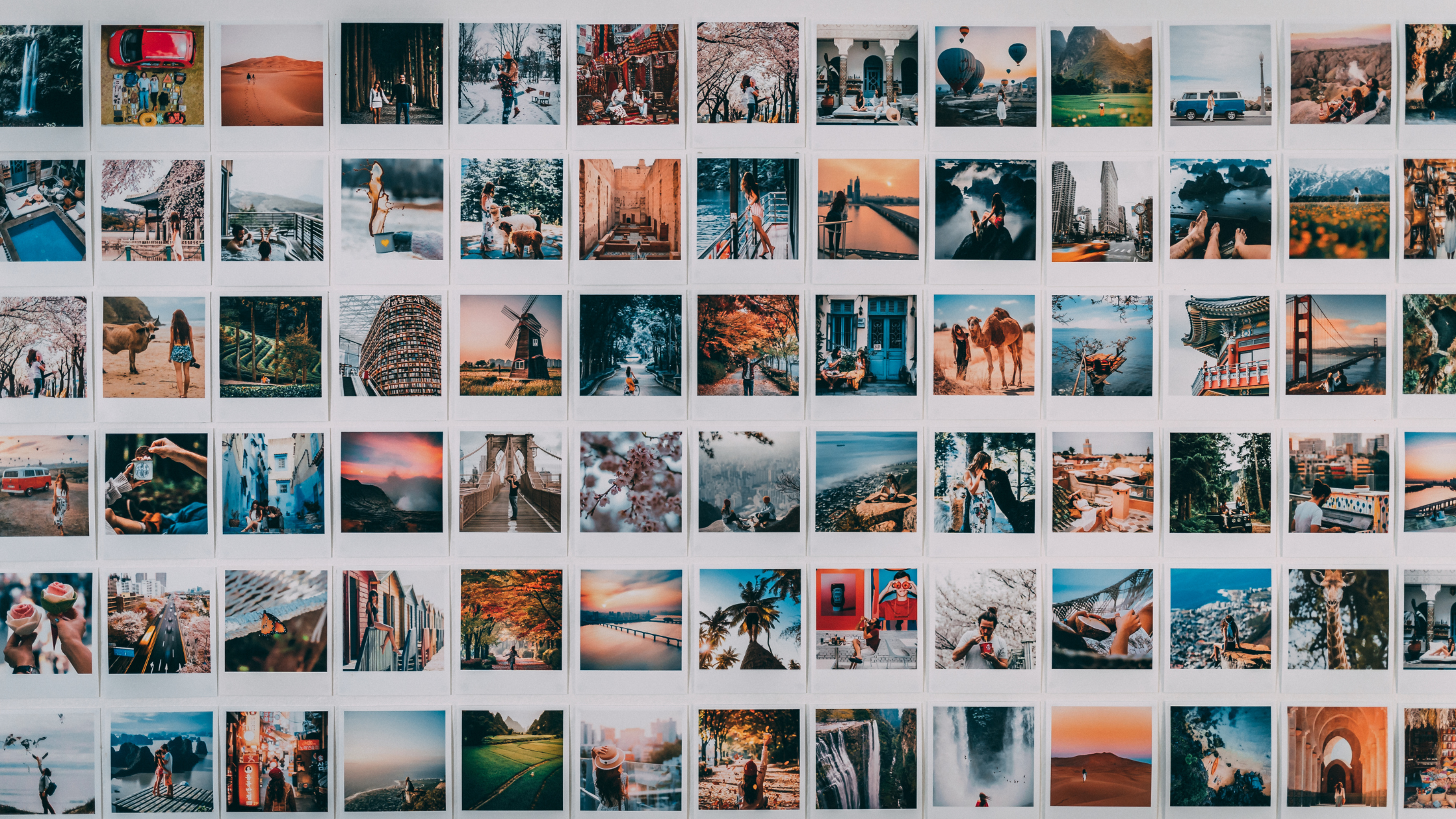 Grid wall of colorful travel photos representing a broad mix of organic social media content