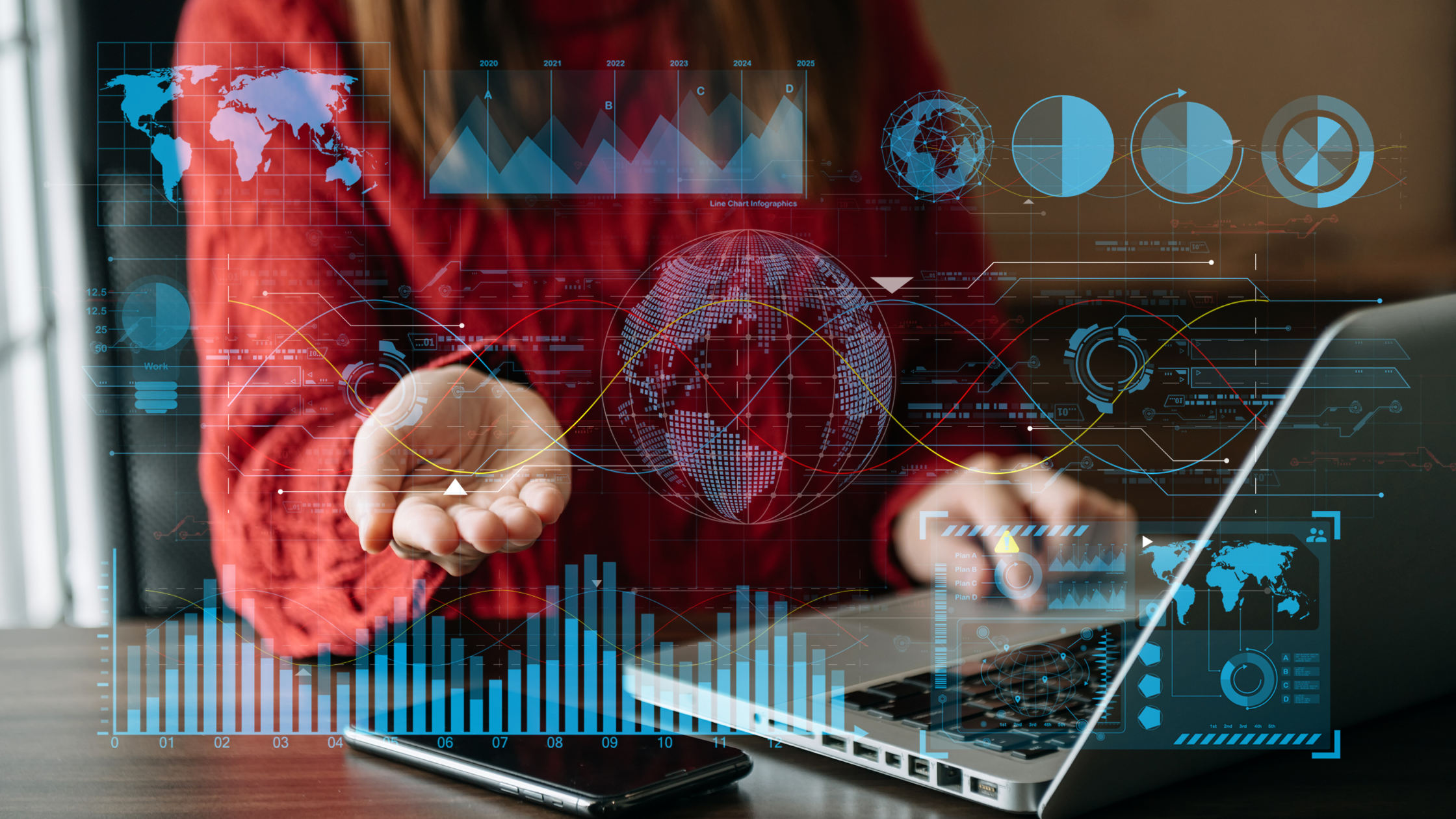 Marketer at a laptop with data charts and analytics graphics overlaid, reviewing social media ROI