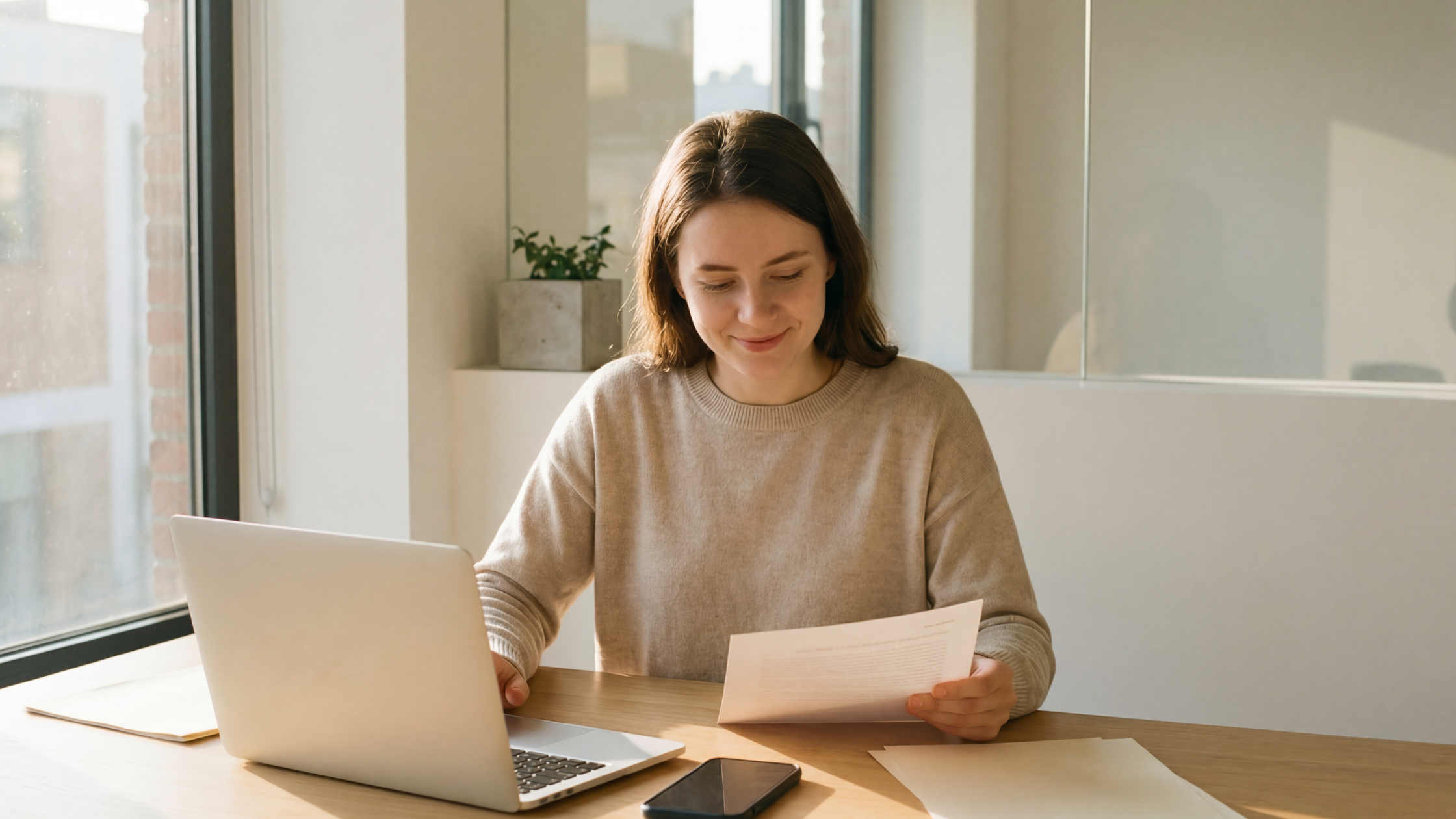 Smiling woman at a laptop reviewing a printed document, representing creator briefs and contracts in a user generated content strategy