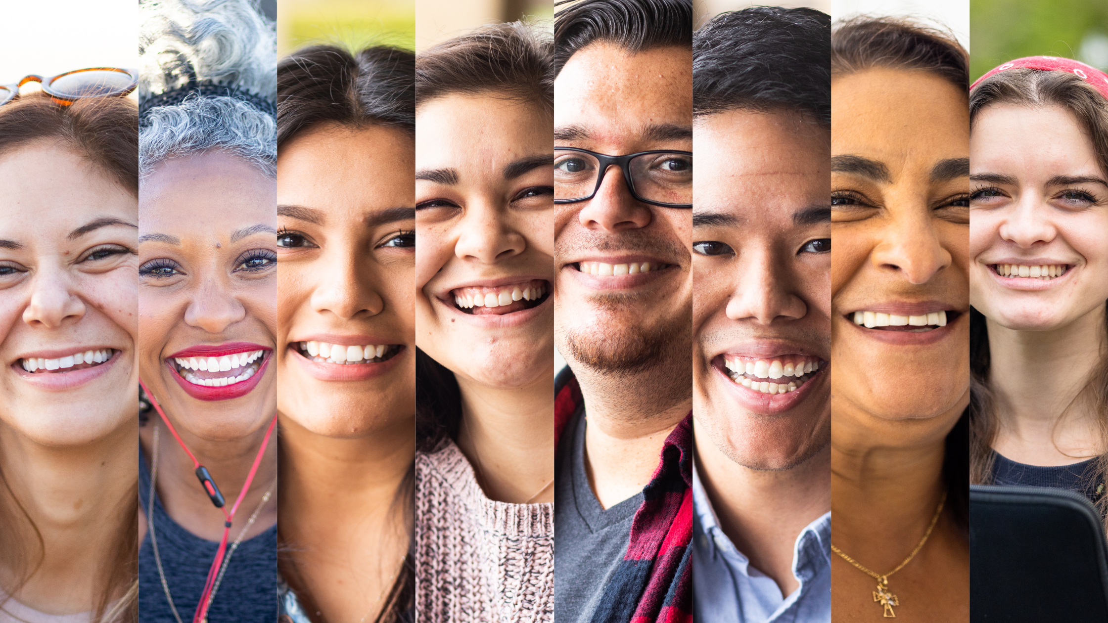 Collage of eight smiling people in side by side vertical strips, representing human connection on social media